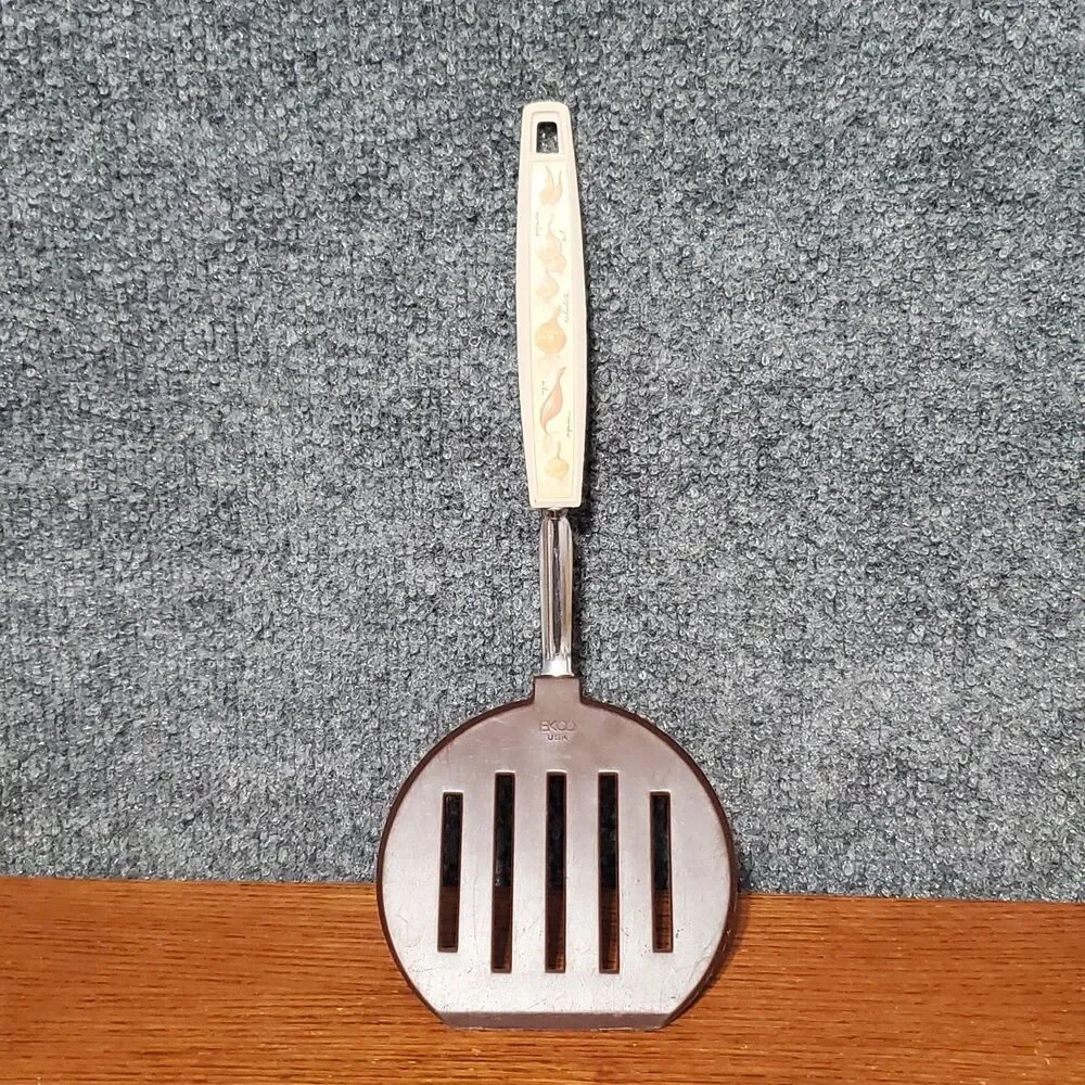 Vintage Ekco Spatula Brown And Tan Slotted Vegetable Logo Kitchen Utensil USA